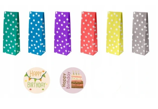 Torba papierowa klockowa 100x70x280 w groszki + naklejki Happy Birthday 6 szt.